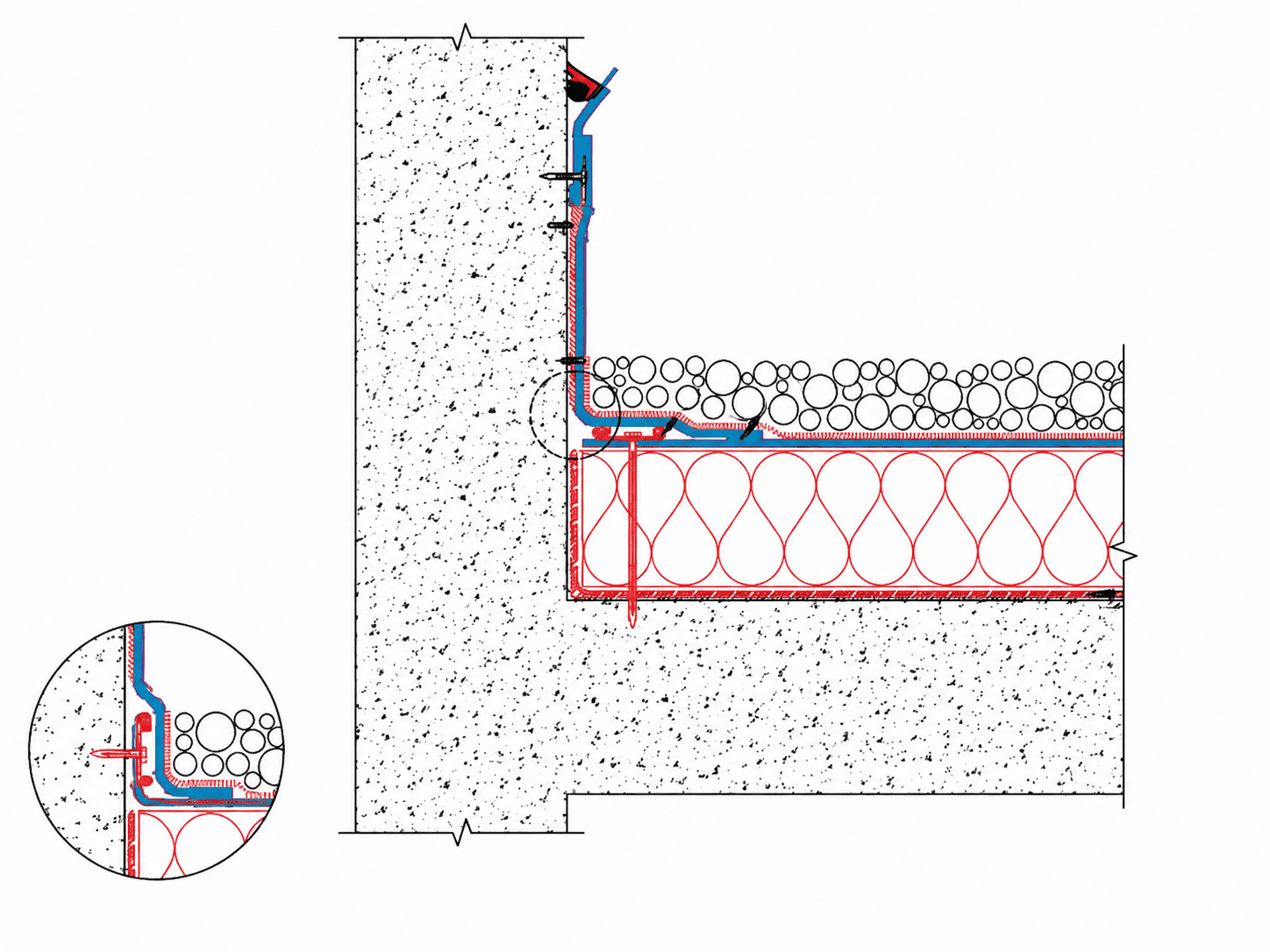 Чертёж 020.03.02 – Sarnafil® T Metal Sheet – Adhered on Concrete Wall – Gravel Ballasted Roof System