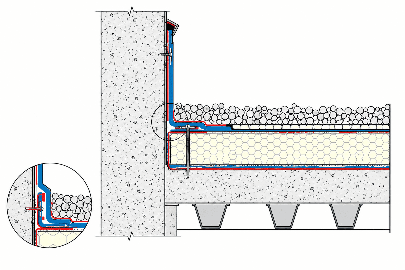 Чертёж 030.03.03 – Counter Flashing – Adhered on Concrete Wall – Inverted Roof System