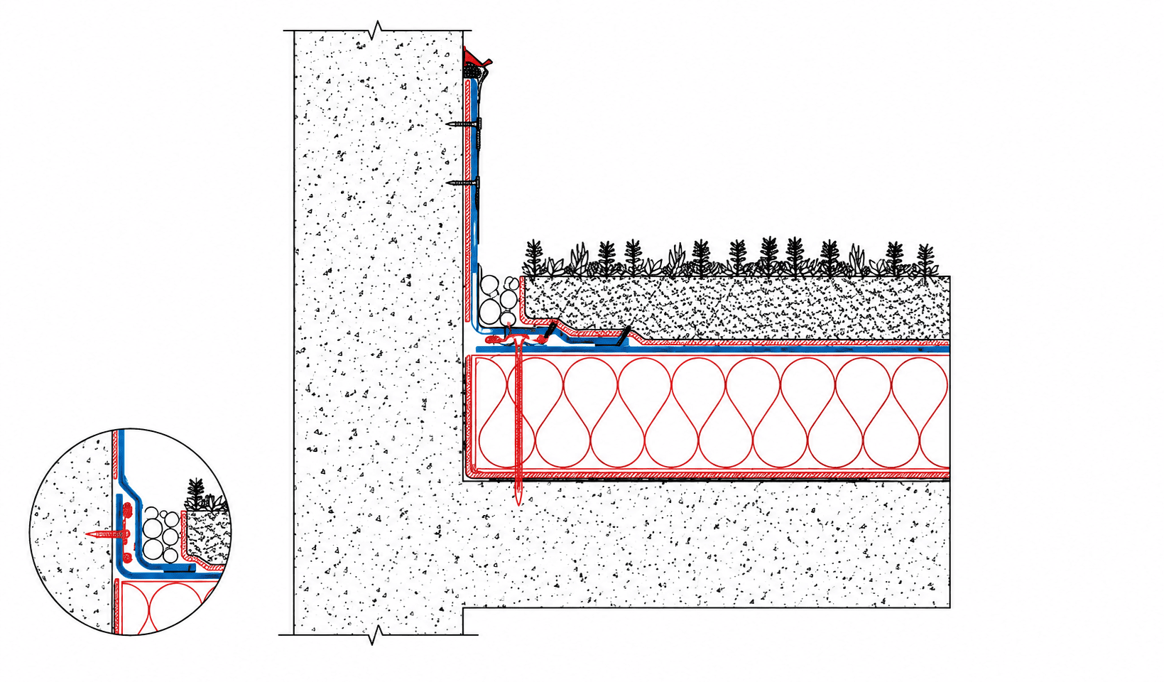 Чертёж 050.03.03 – Counter Flashing – Adhered on Concrete Wall – Green Roof System (Extensive / Intensive)